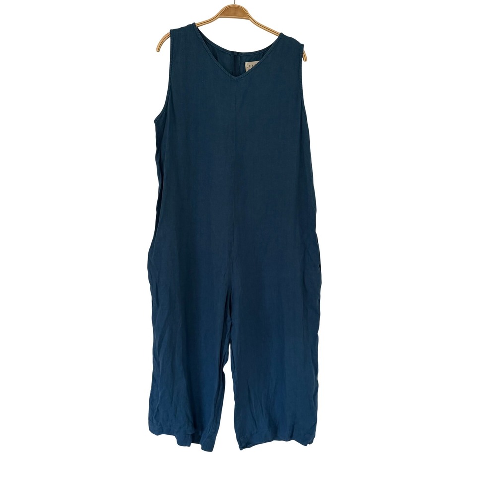 Offon Clothing Teal Blue Linen Sleeveless Wide Leg Cropped Jumpsuit PocketS
